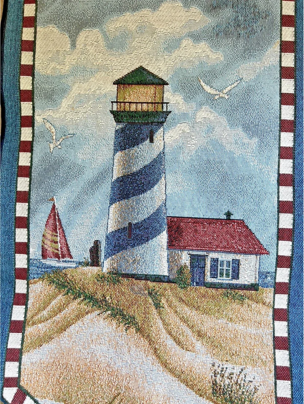 Lighthouse Tapestry Table Runner With Tassels 13x72 Beach House Theme Nautical